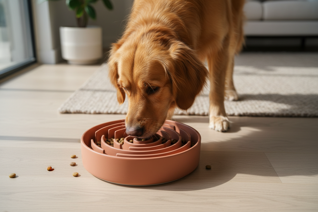 Dog eating from an aesthetic slow feeder bowl for mental enrichment and digestion