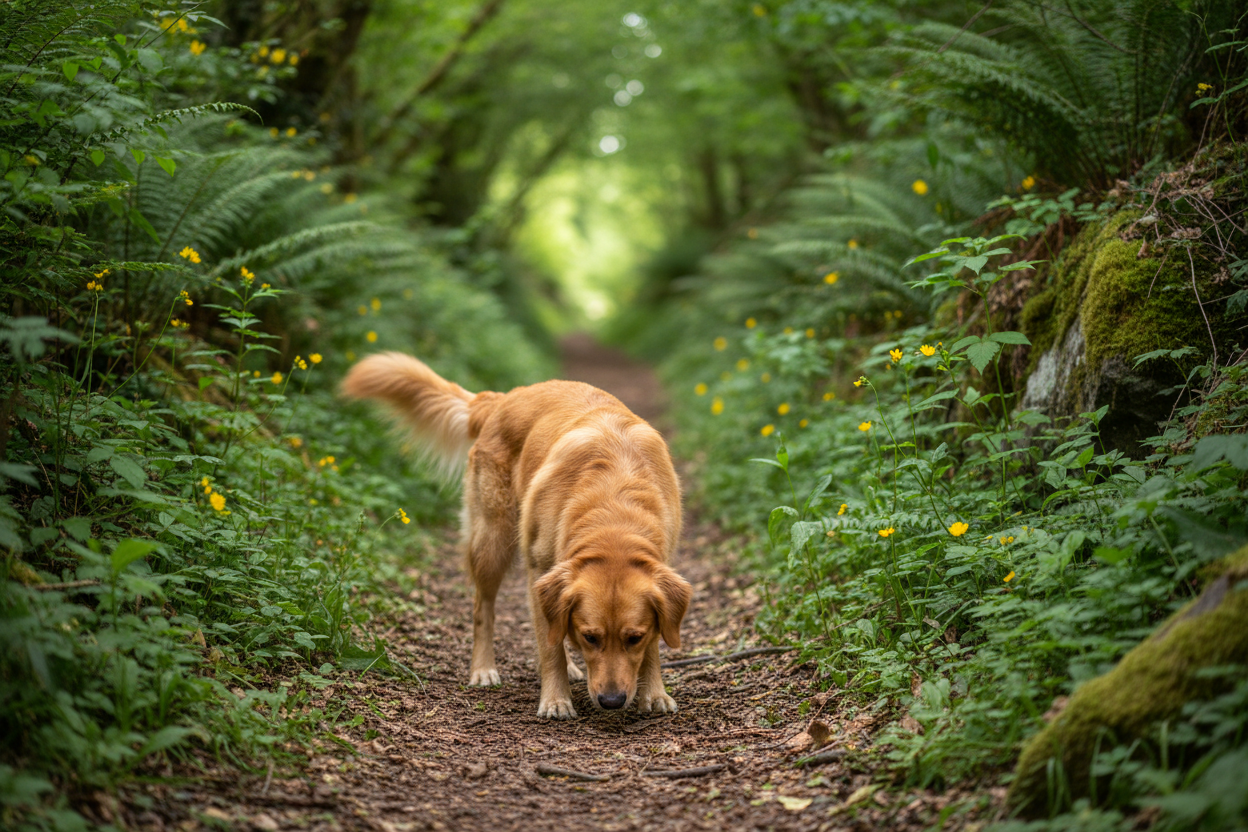 Dog sniffing the ground on a walk for mental enrichment and stimulation