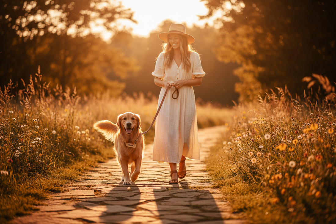 woman walking dog at sunset through field