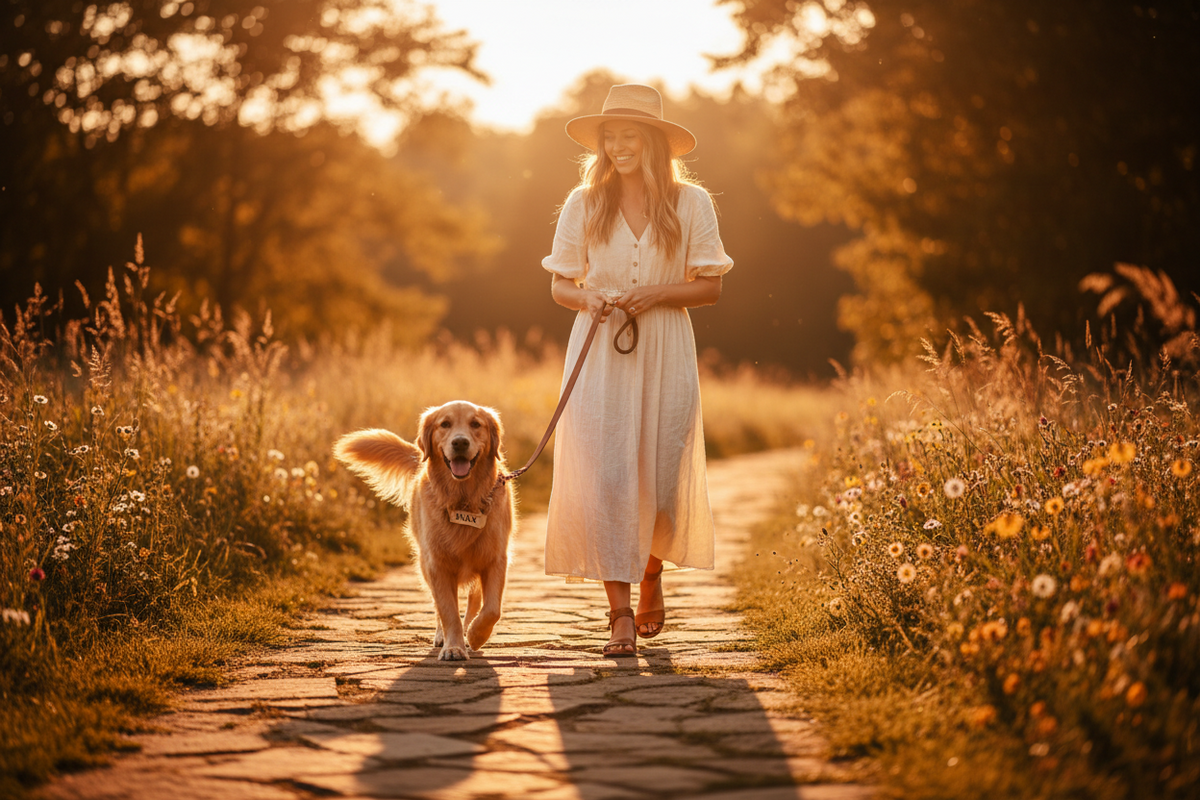 woman walking dog at sunset through field