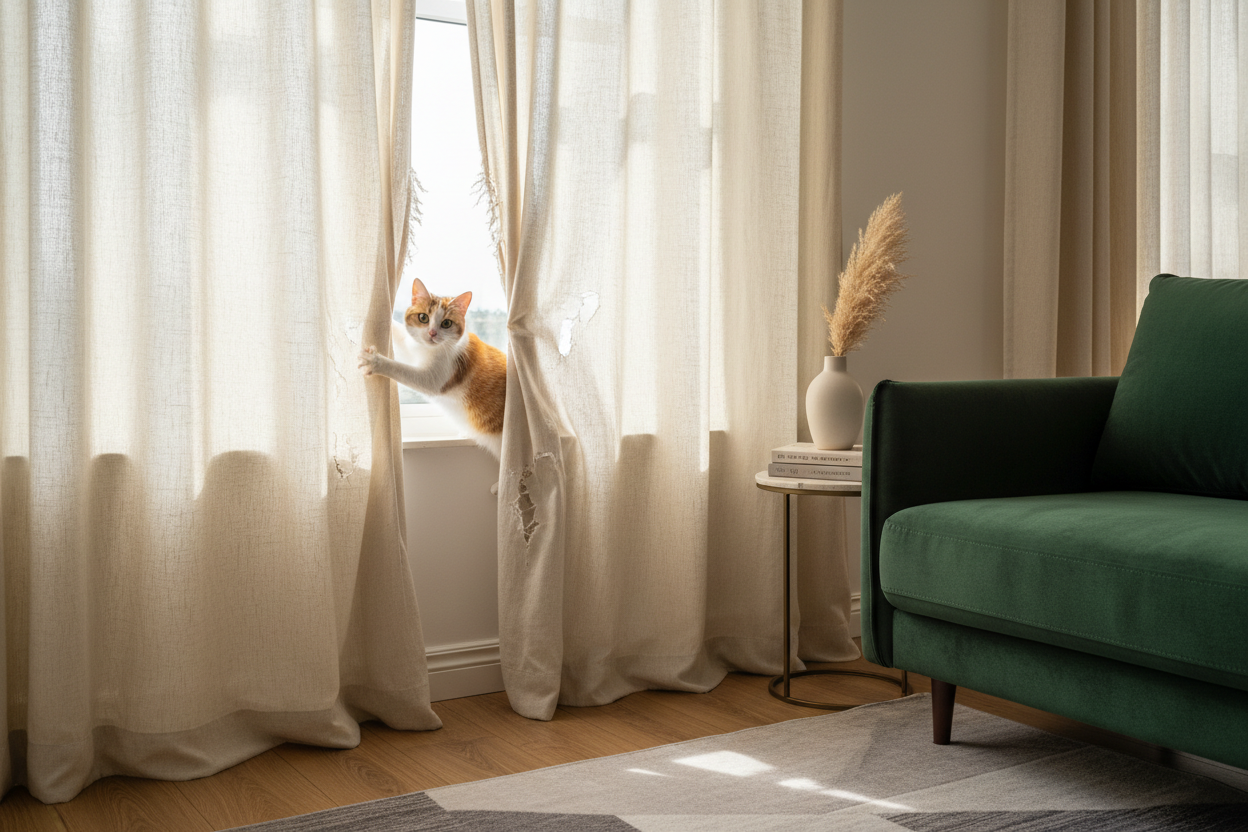 Indoor cat scratching curtains due to boredom and lack of enrichment