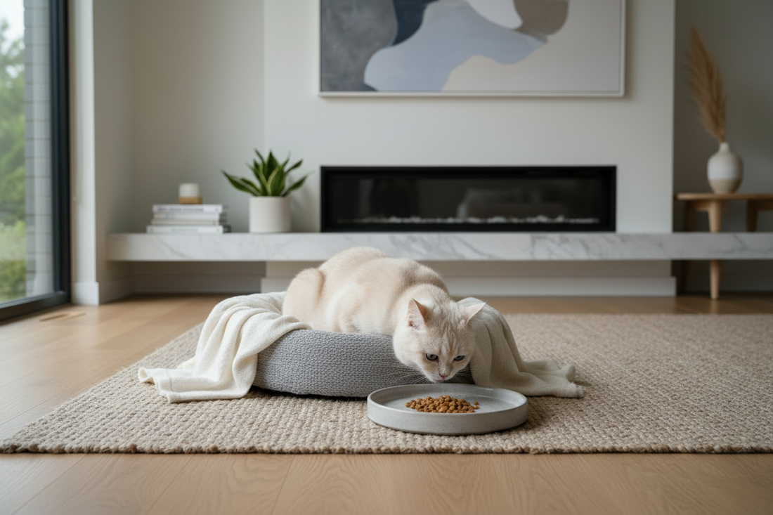 Shallow wide cat food bowl designed to prevent whisker fatigue