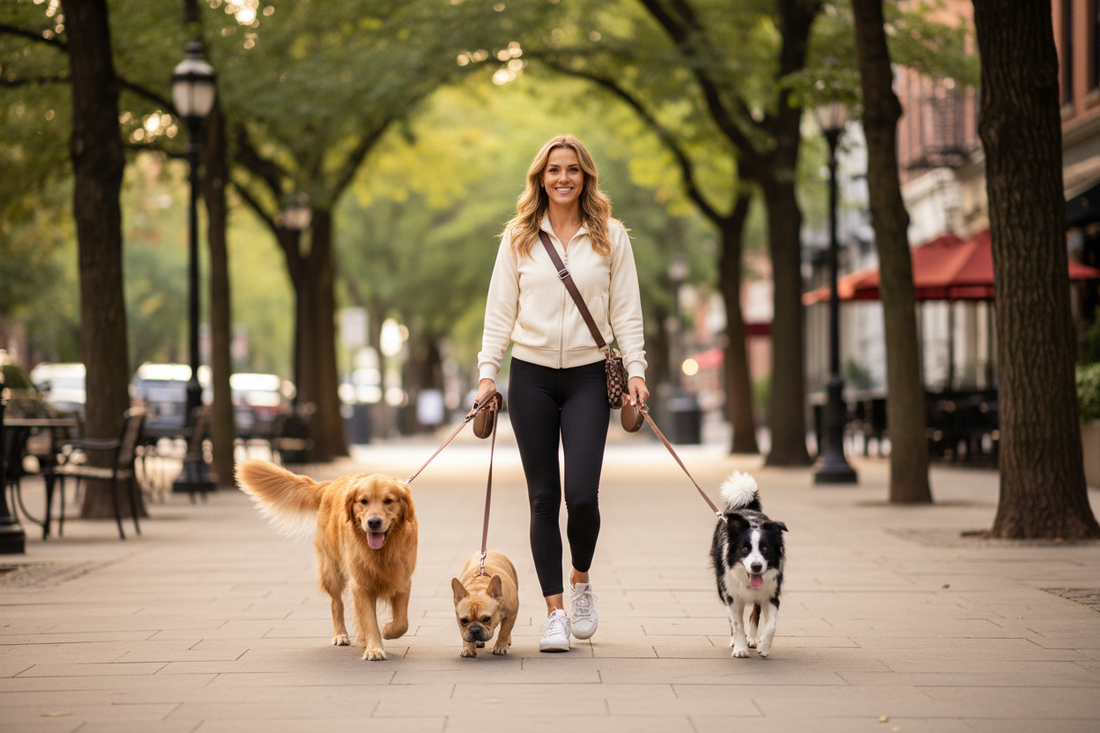 Professional dog walker with dogs on leash outdoors