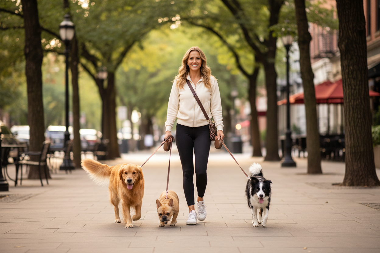 Professional dog walker with dogs on leash outdoors
