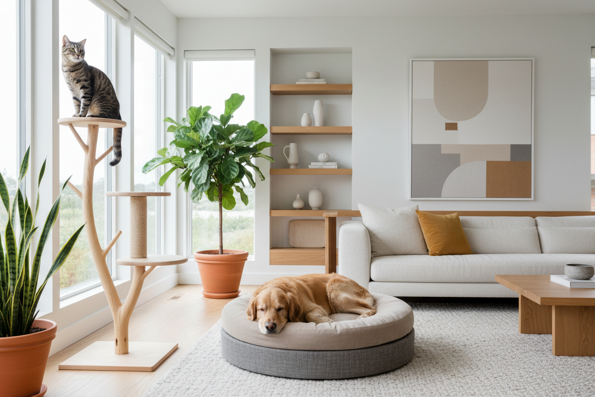 Stylish modern home with a dog and cat alongside modern pet furniture from LittleLeashes Boutique