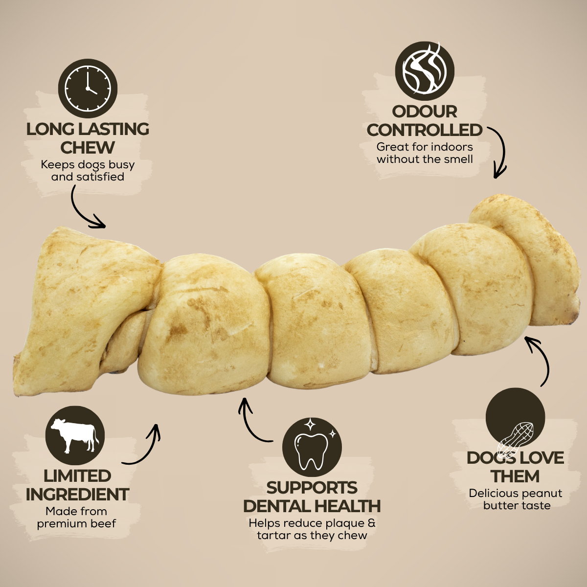Peanut Butter Beef Cheek Roll for Medium & Large Dogs – 10–12 Inch
