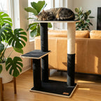 Noba Modern Plywood Cat Tree – 2 Tiers, Fique Rope, Black, White & Grey