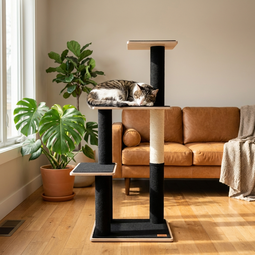 Noba Modern Plywood Cat Tree – 3 Tiers, Fique Rope, Black, White & Grey