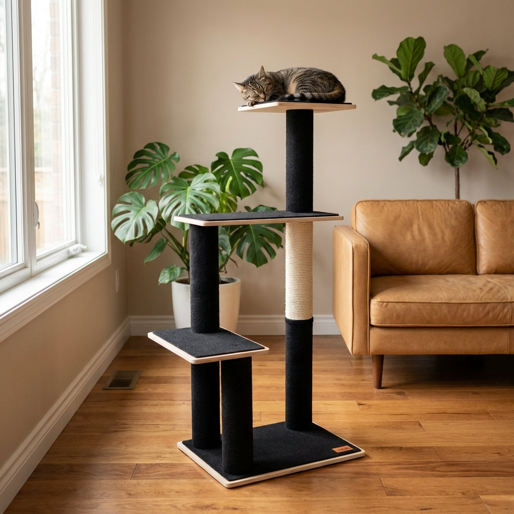 Noba Modern Plywood Cat Tree – 3 Tiers, Fique Rope, Black, White & Grey