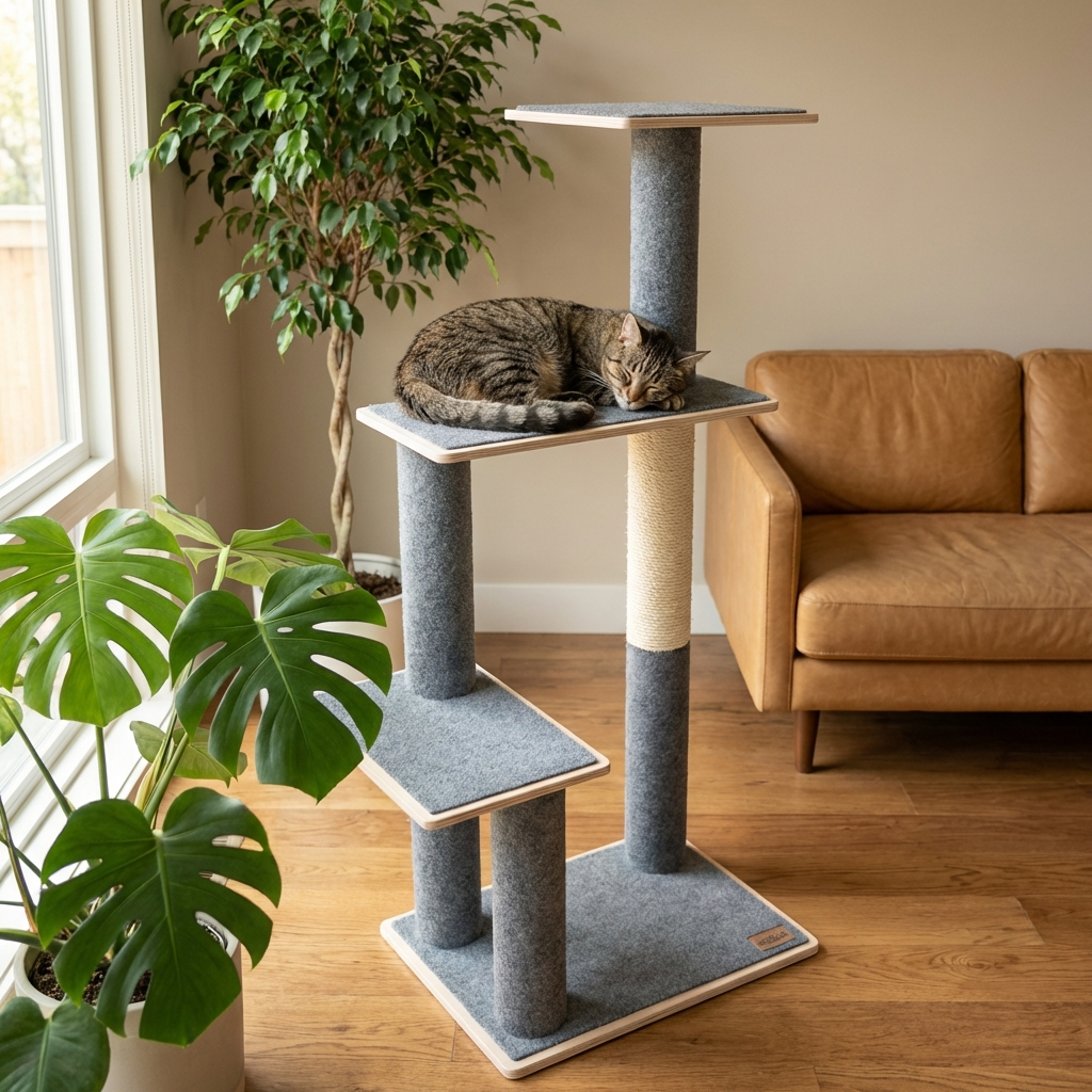 Noba Modern Plywood Cat Tree – 3 Tiers, Fique Rope, Black, White & Grey