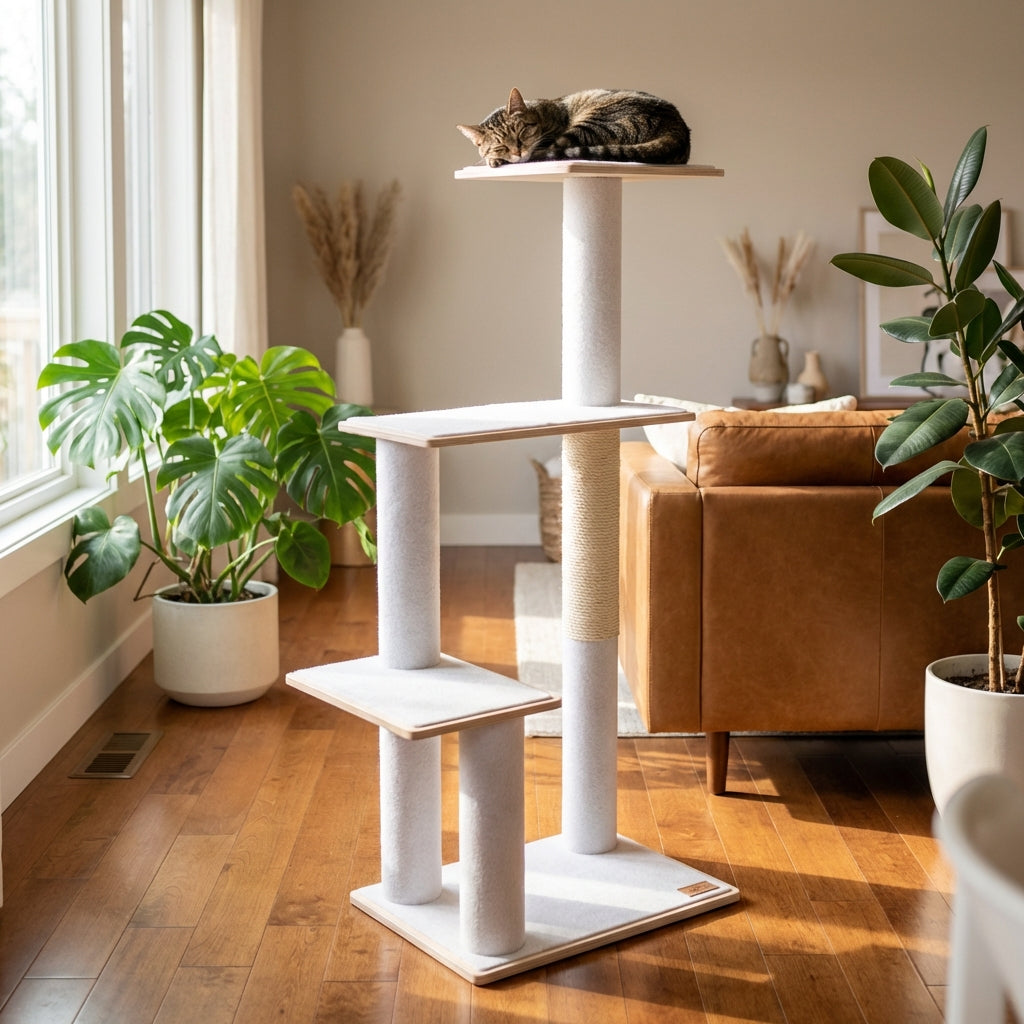 Noba Modern Plywood Cat Tree – 3 Tiers, Fique Rope, Black, White & Grey