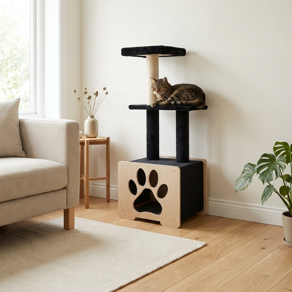 Noba Hut Hideout Deluxe 3-Level Cat Tree – Cat Head & Paw Style