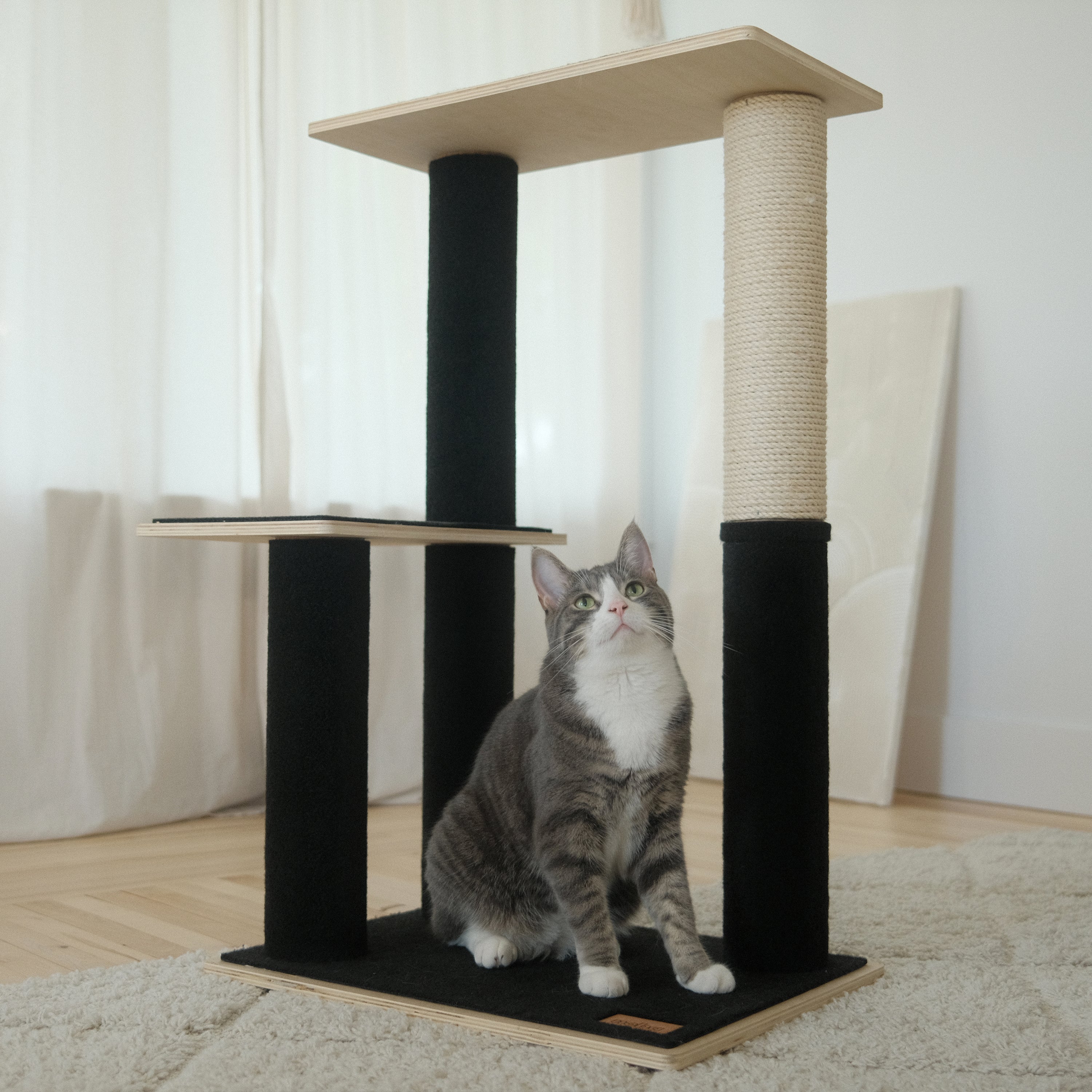 Noba Modern Plywood Cat Tree – 2 Tiers, Fique Rope, Black, White & Grey