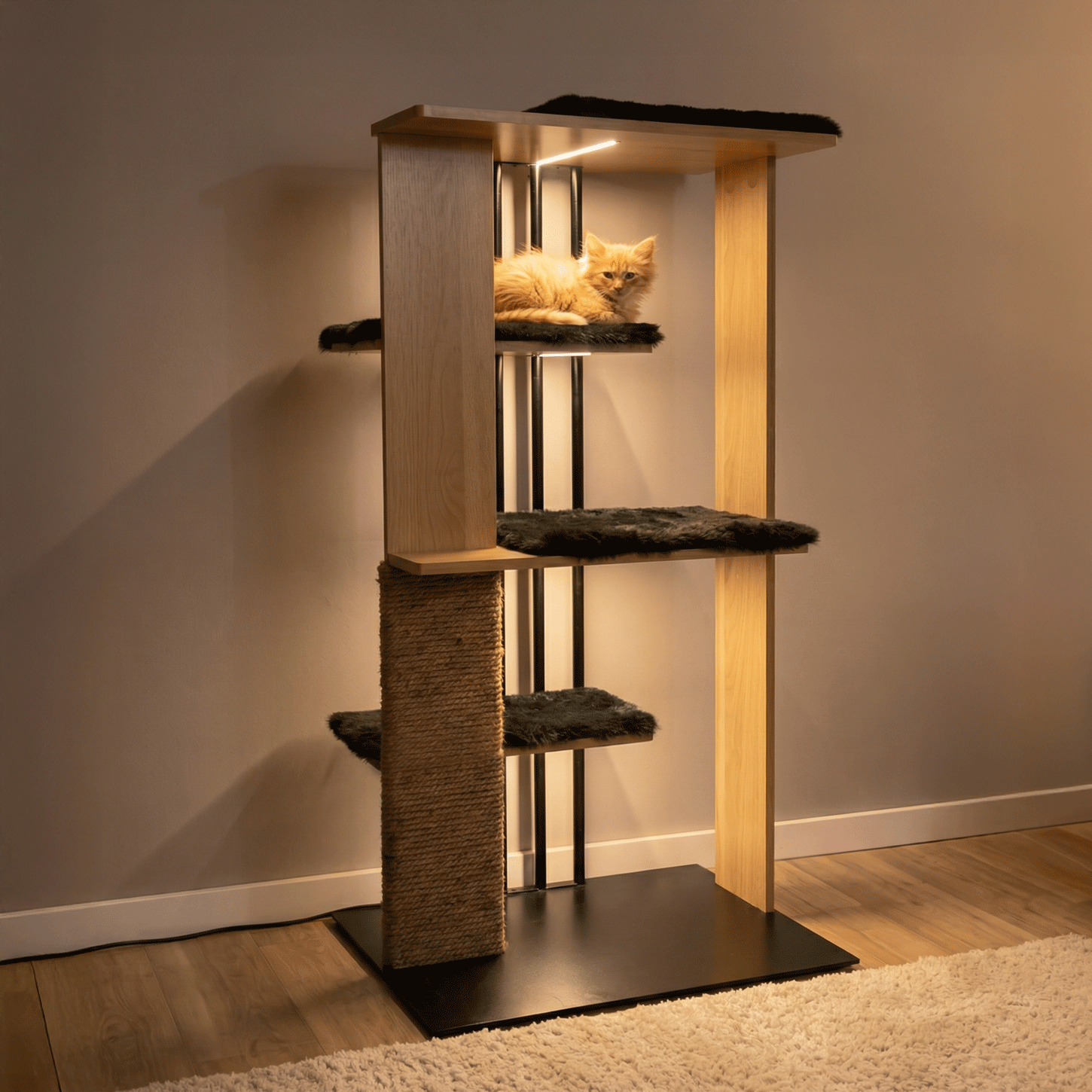 Cali Cat Tree Floor Lamp – Platforms, Scratcher & LED Light