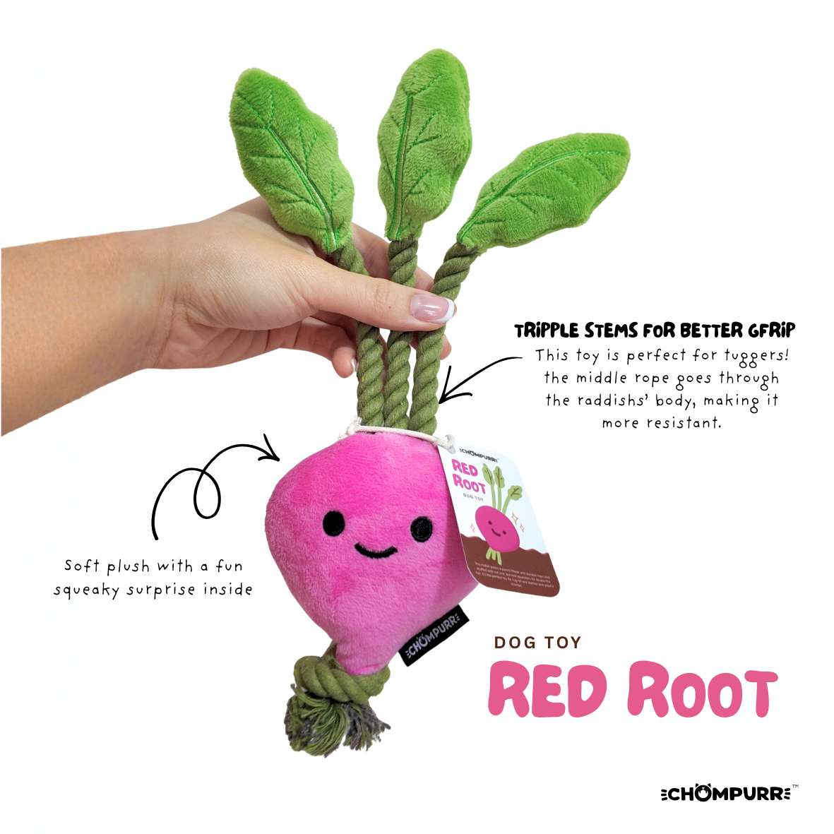 Chompurr Red Root Plush Squeaker Dog Toy