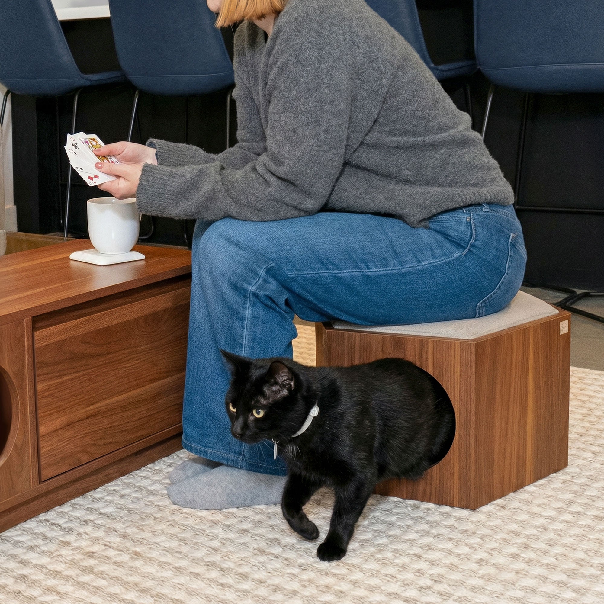 Suki Cat Wall Shelf & Side Table – Walnut, Oak & White