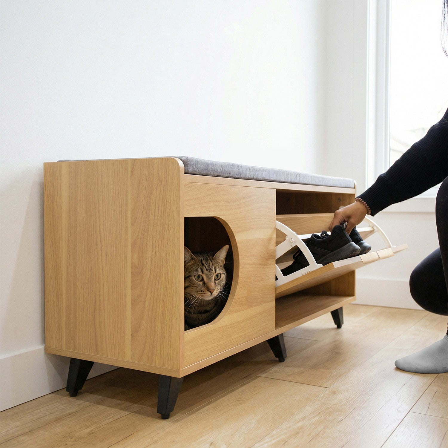 Tucker Shoe Cabinet & Pet Nook – Entryway Storage with Bench